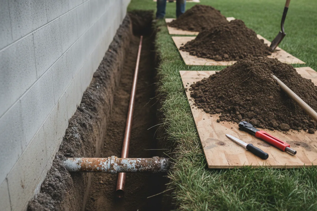 Excavated water line trench during Sewer Line Repair in Homerville